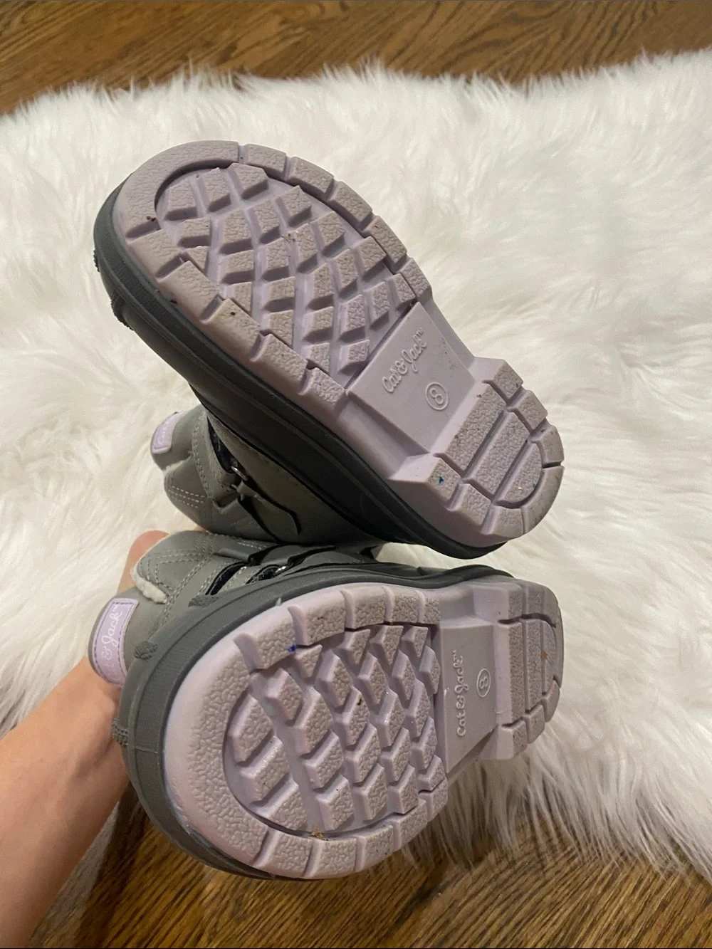 Kids sz 8 Gray & Light Purple Winter Rain Boots with Fleece Lining